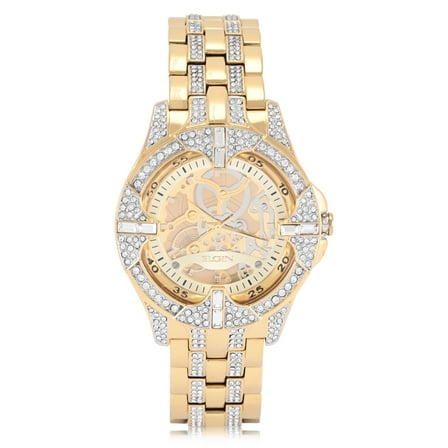 Elgin Adult Men's Gold Blinged Out Round Case Watch with Matching Bracelet and Faux Skeleton Dial. (FG180032)