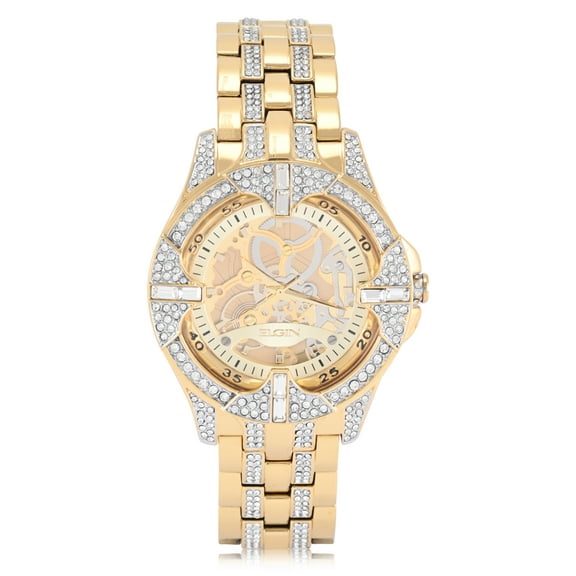 Elgin Adult Men's Gold Blinged Out Round Case Watch with Matching Bracelet and Faux Skeleton Dial. (FG180032)