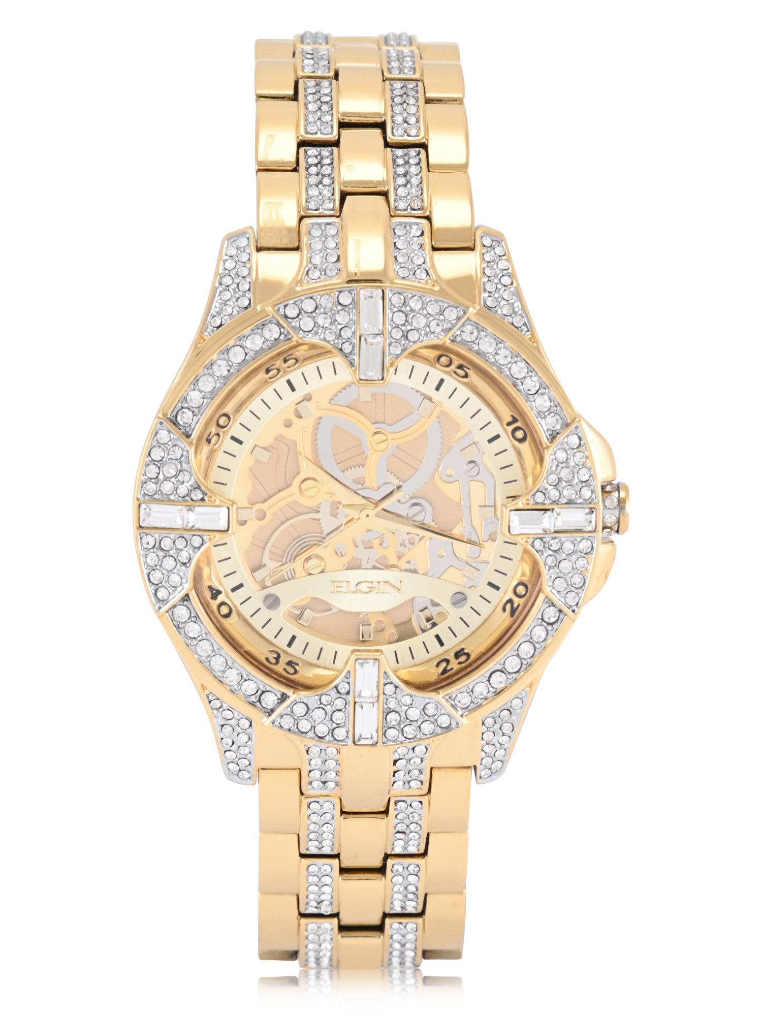 Elgin Adult Men's Gold Blinged Out Round Case Watch with Matching Bracelet and Faux Skeleton Dial. (FG180032)