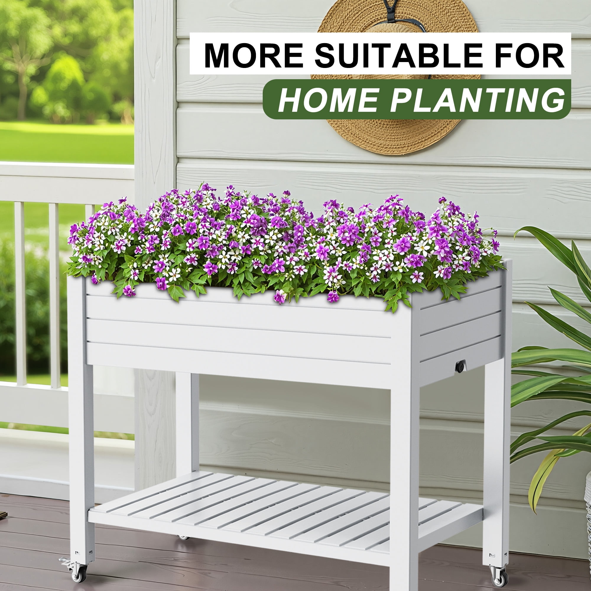 MAYEERTY Raised Garden Bed with Wheels & Lower Shelf, Built-In Water Storage for Patio Balcony Garden