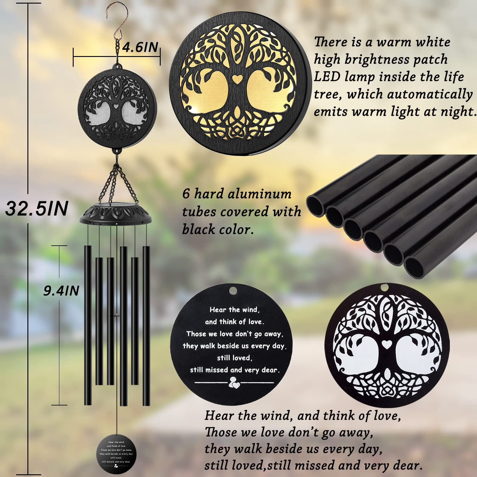 Solar Tree Of Life Wind Chimes - Memorial Gift For Mom  Outdoor Garden Decor