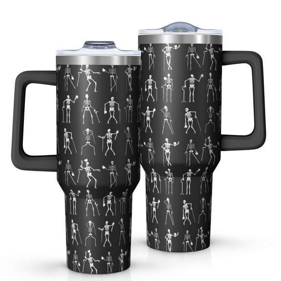 Black Halloween Dancing Skeleton Pattern Tumbler with Handle and Lid,40oz Double Wall Vacuum Insulated Tumbler,Cups Gift for Women and Men