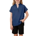 thumbnail image 3 of MKOSPLRT Henley Shirts for Kids Girls Button V Neck Rolled Short Sleeve Linen Shirt Basic Solid Split Hem T Shirts for Beach Vacation Navy 5-6 Years, 3 of 10