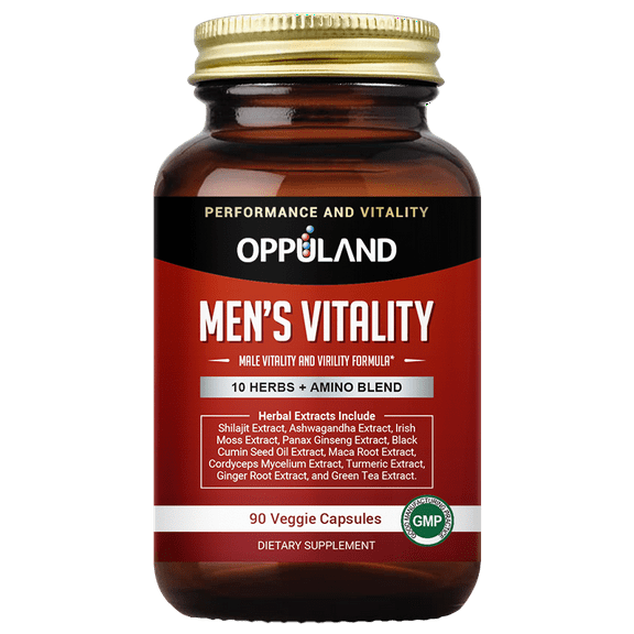 Oppuland Men's Vitality - Vegan-Friendly Veggie Capsules with Herbal Extract & Amino Blend for Energy & Muscle Recovery - 90 Count