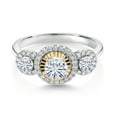 thumbnail image 2 of Gem Stone King 925 Silver and 10K Yellow Gold Round White Moissanite and Lab Grown Diamond 3-Stone Engagement Ring for Women (0.74 Cttw, Size 7), 2 of 3