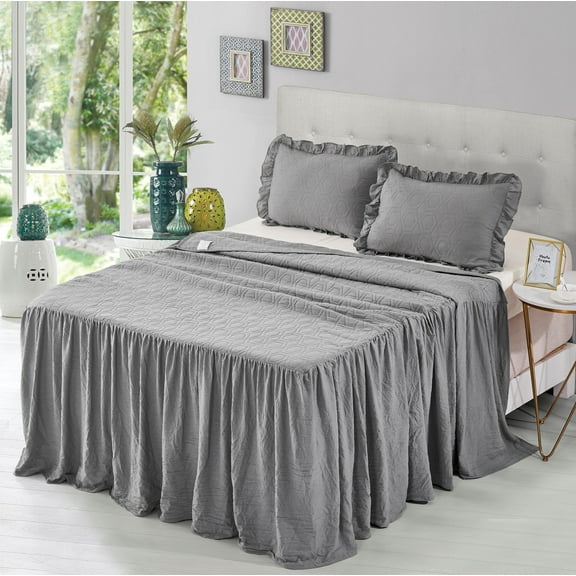 MallenHome Pinsonic Ruffle Skirt Quilt/Bedspread/Coverlet Set Gray Color King Size