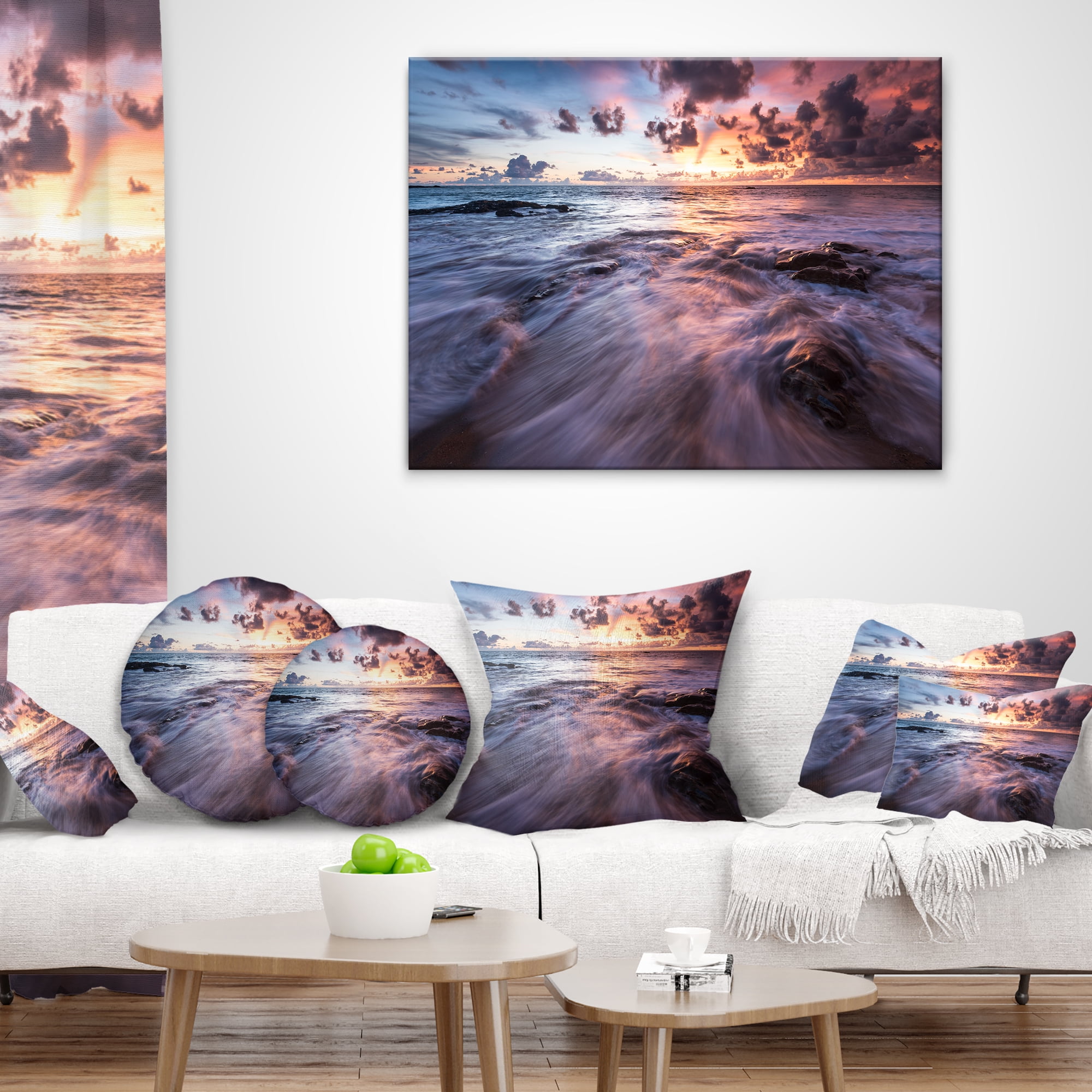 Designart Waves Hitting Rocky Beach - Beach Photo Throw Pillow - 18x18