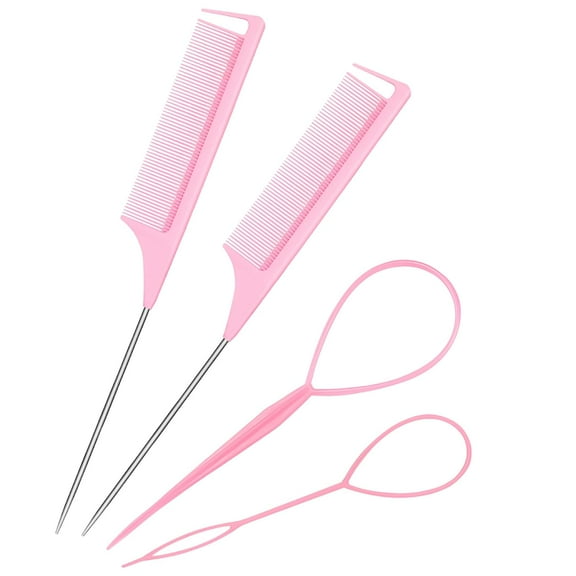 Parting Comb Braiding Comb Tool - Hair Pull Through Tool Set with 2 Pcs Rat Tail Combs for Braiding Styling 2 Pcs Hair Pull Through Tool 1 Pcs Hair Band Cutter - Pink