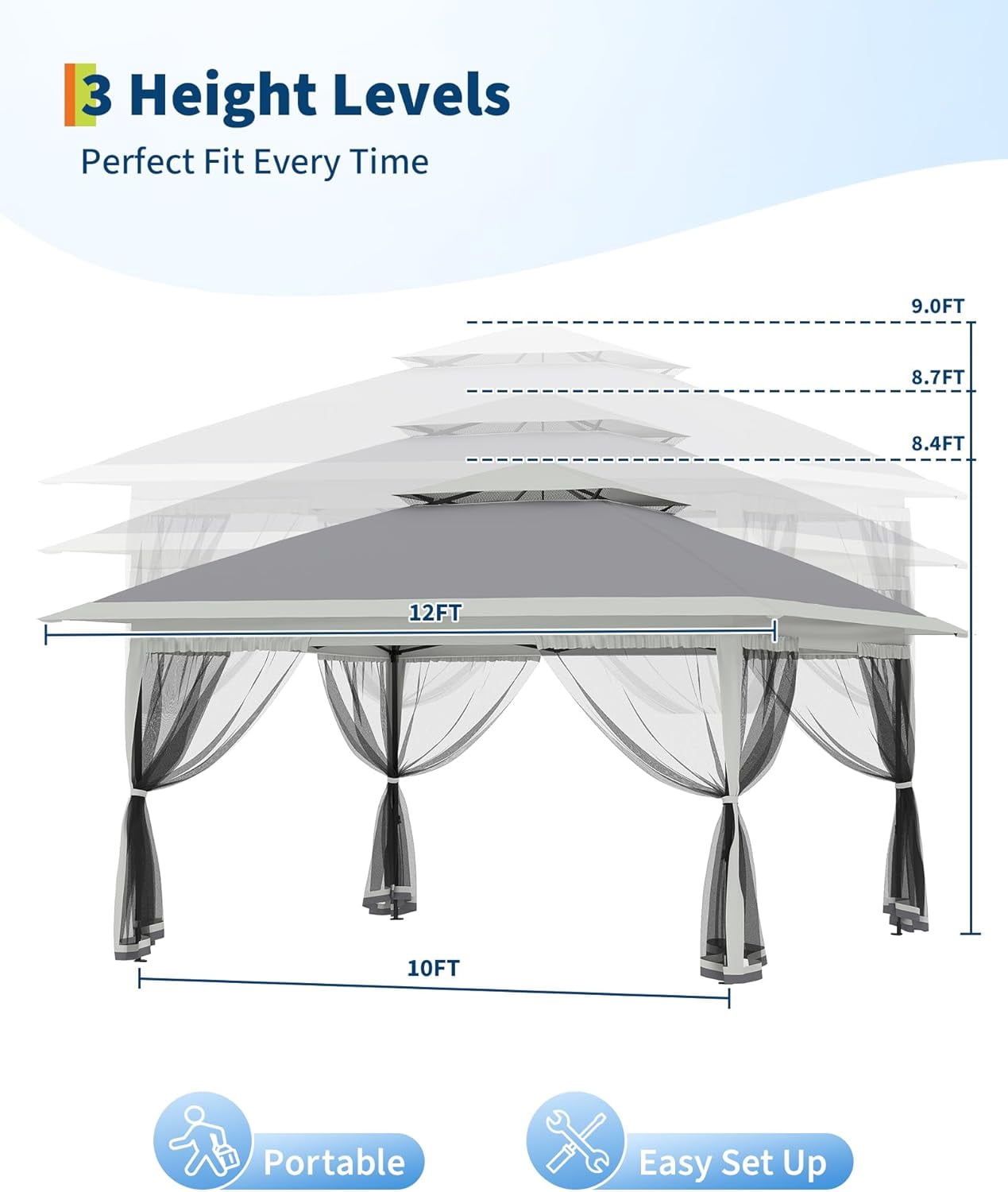 Canopy Tent 12x12 Ft, Pop Up Gazebo One-Push Setup with 4 SandBags for Backyard Parties and BBQs, Mosquito Netting & Height Adjustable - Grey