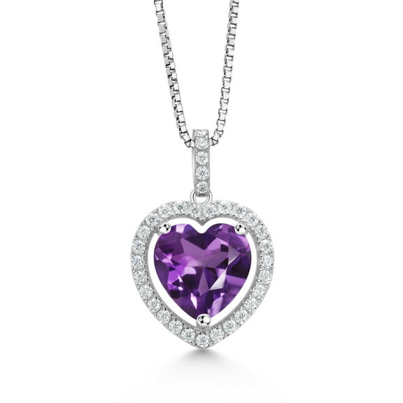 Gem Stone King 925 Sterling Silver Heart Shape Purple Purple Amethyst and White Moissanite Pendant Necklace for Women (6.09 Cttw, Gemstone Birthstone, with 18 inch Silver Chain)