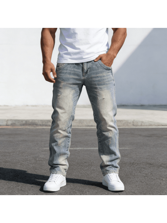 Men's Non-Stretch Slim Taper Jeans - Faded Light Blue Wash Distressed Denim Pants, Structured Slim Fit Trousers for Casual Daily Wear