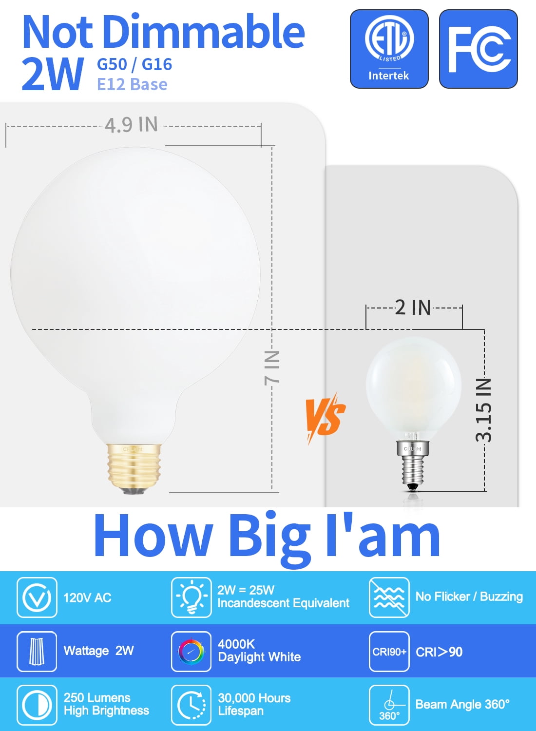 CRLight LED 2W (25W Equivalent) Neutral White E12 G50 Decorative Light Bulbs, 12 Pack