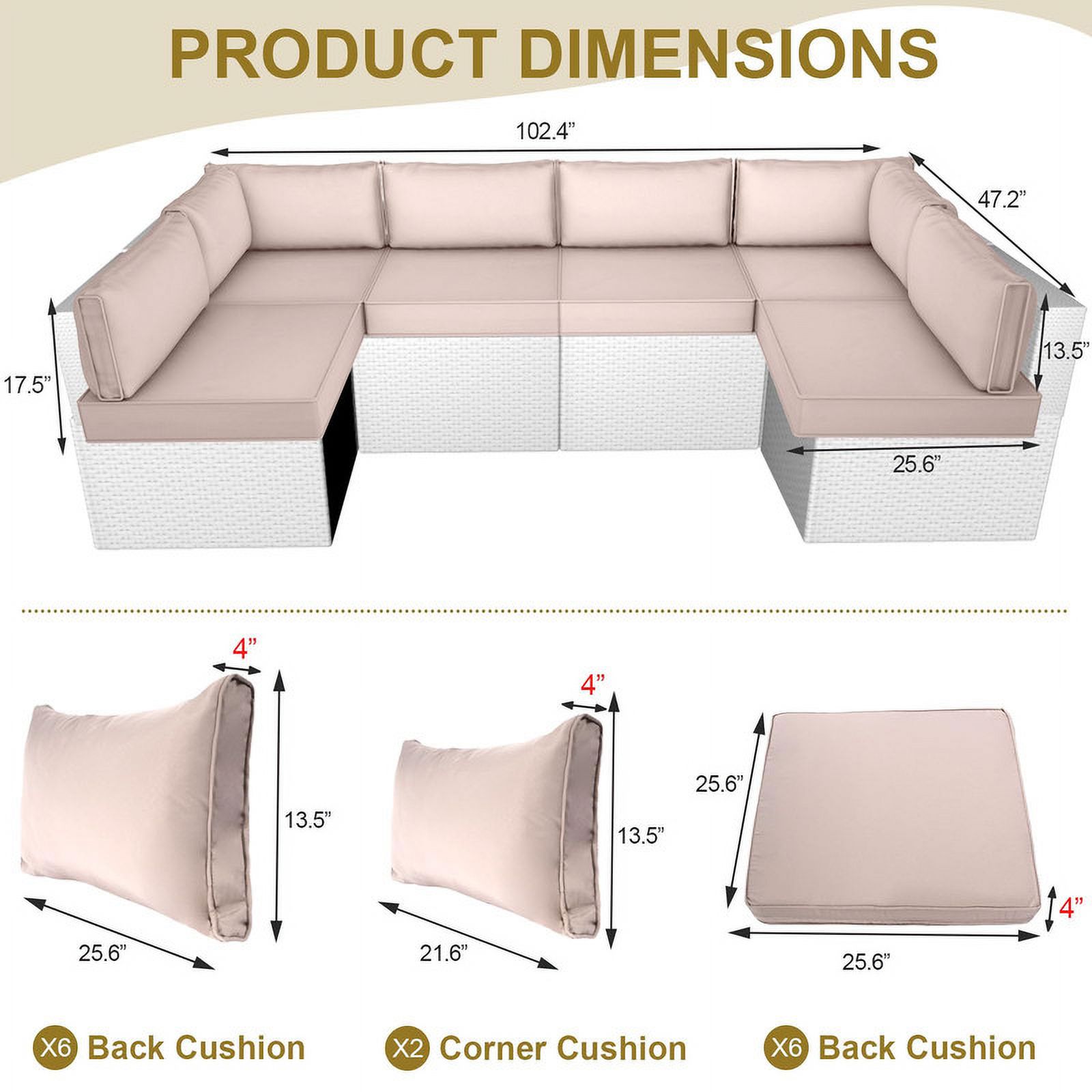 Outdoor Replacement Cushions for Patio Furniture,14-Piece Patio Water-Resistant Replacement Sofa Cushions Fits 6-seat Sectional Rattan Conversation Set,Liner&Cover
