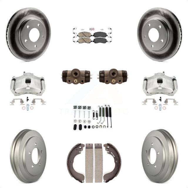 Transit Auto Front Rear Disc Brake Caliper Coated Rotors Drums Ceramic Pads Shoes Wheel Cylinders and Hardware Kit (11Pc) for Car Dodge Caliber KCG-101341N