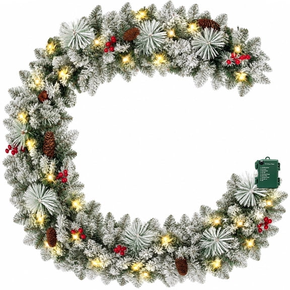 9ft Pre-Lit Snow Flocked Christmas Garland with 80 LED Lights w/ 8 Modes & Timer for Outdoor Indoor Xmas Decoration Fireplace Stairs Doorway Railings Decor,1 Pack