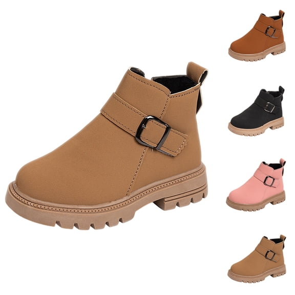 Eltusu Girls Ankle Boots, Chunky Thermal Windproof Non-Slip Winter Booties Brown Size 2 Big Kids