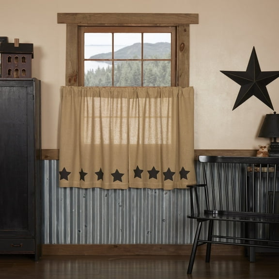 VHC Brands Burlap Natural with Black Stars Primitive 36"x36" Tier Pair Tan Rod Pocket Stenciled Cotton Kitchen Window Curtains