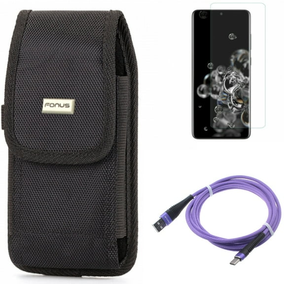 10ft USB Cable w Screen Protector w Case Belt Clip for Samsung Galaxy S20 Ultra - Purple Type-C Charger Cord, Tempered Glass [Fingerprint Unlock] 3D Curved Edge, Swivel Holster fits Galaxy S20 Ultra