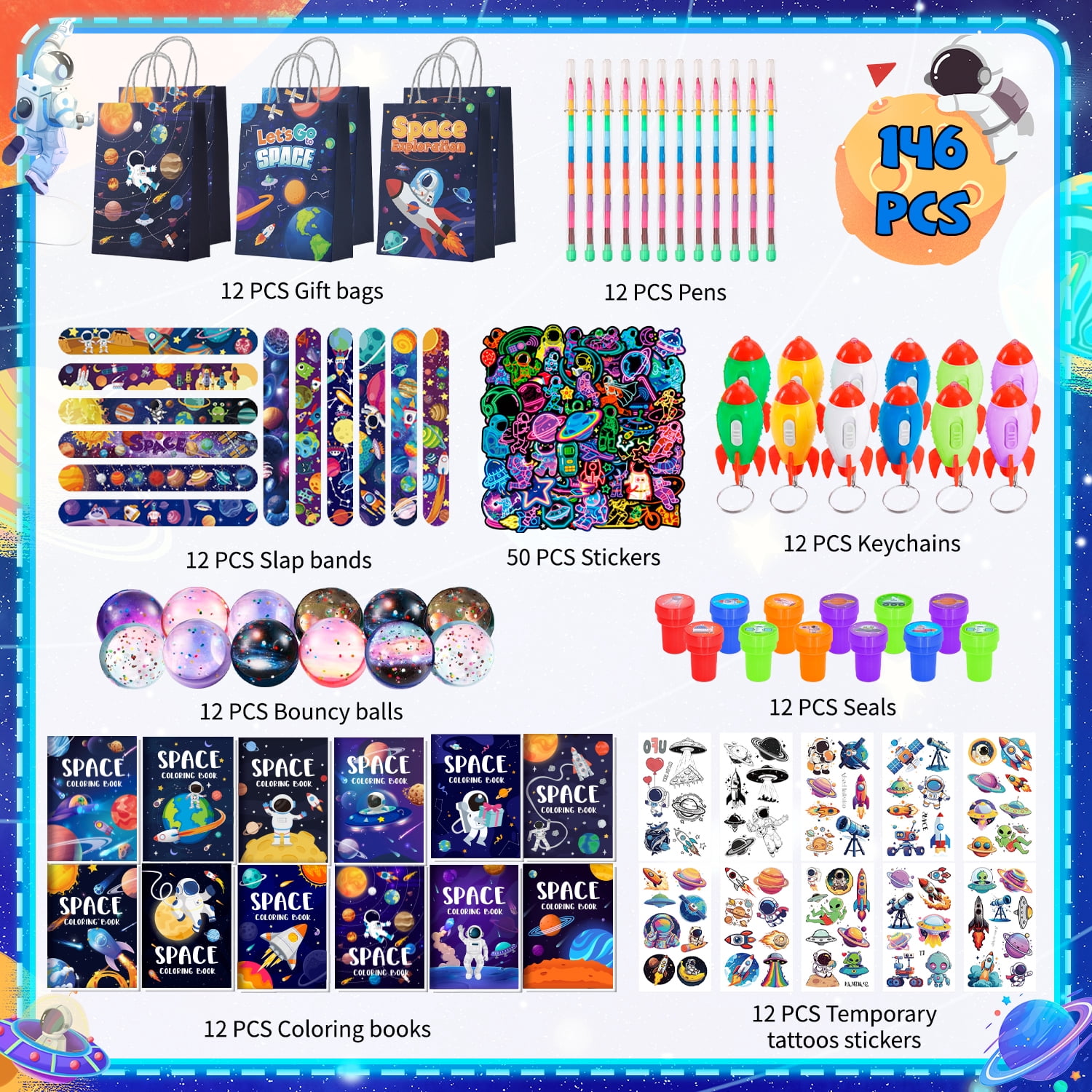 146pcs Space Party Favors Bags Fillers Includ Outer Space Goodie Bags Stickers Stamps Bracelets Solar System Coloring Books Pens etc for Astronaut Birthday Party Decorations Supplies