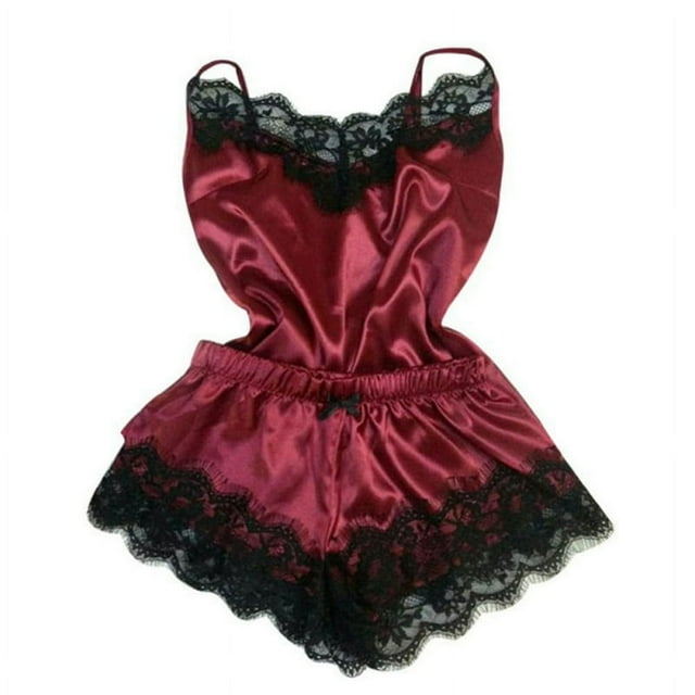 Ensemble de Pyjama en Satin pour Femmes, Dentelle Noire, Col en V, Pyjama Sans Manches, Mignon Camisole et Short