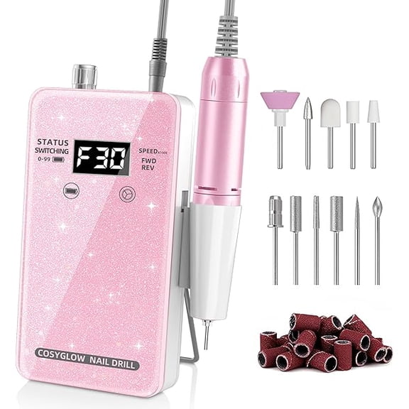 YJJSKEJI Professional Electric Nail Drill File: Glitter Portable Cordless E-File Nail Drill Kit with 11 Drill Bits,30000 RPM Rechargeable Nail Drills Machine for Acrylic Nails Gel Polishing (Pink)