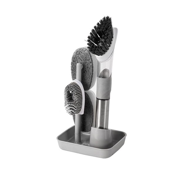 Dishwashing Brush Soap Dishwashing Brush Set Sink Cleaning Scrub Brush with 4 Replacement Heads and Storage Rack (Grey)