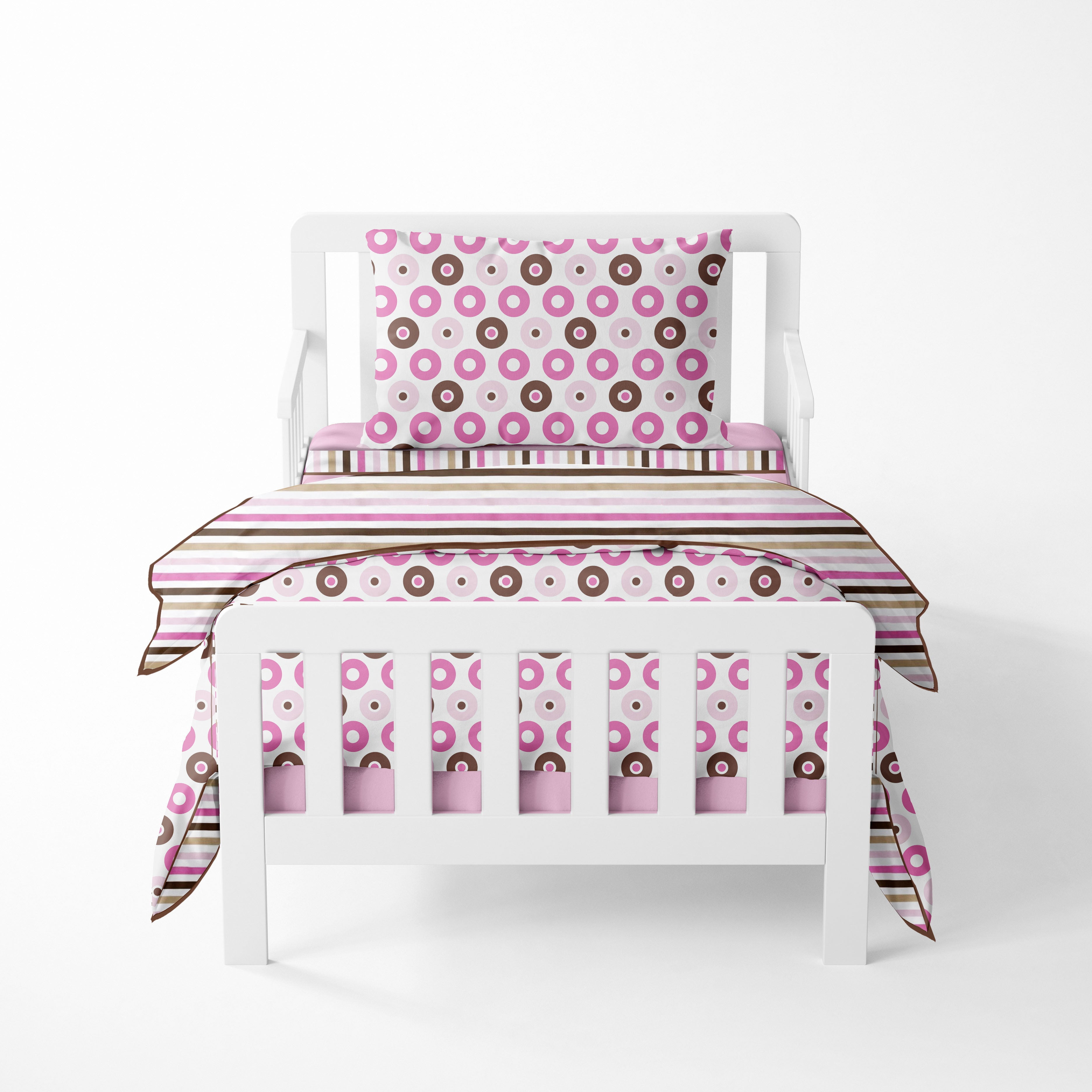 Bacati - Girls 4 pc Toddler Bedding/3 pc Sheet Set 100% Cotton Percale, Mod Dots/Stripes, Pink/Fuchsia/Beige/Brown