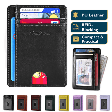 ComfiTime Slim Men’s Wallet - RFID Minimalist Wallet for Men & Women, Small Thin Leather Wallet with ID Window, Credit Card Holder Front Pocket Wallet, Travel Accessories & Gift Box, Black