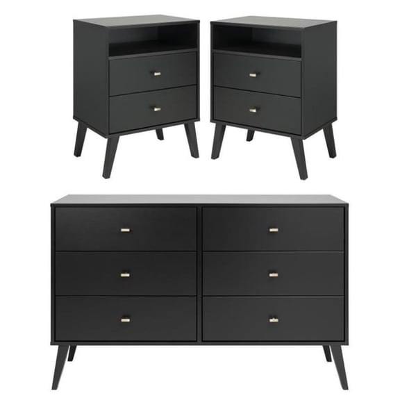 Home Square 3-Piece Set with 2 Modern Tall Nightstands & 6-Drawer Double Dresser