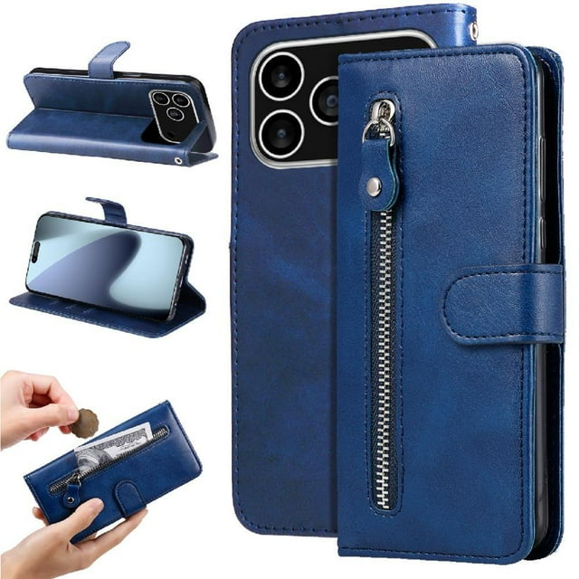 Estuche de Cuero PU con Cierre para iPhone 17 Pro , Funda Protectora con Billetera y Correa