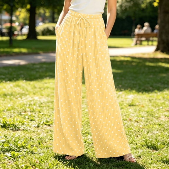 Women's Summer Wide Leg Pants Polka Dot Ribbed Drawstring High Waist Loose Relaxed Fit Yellow XL