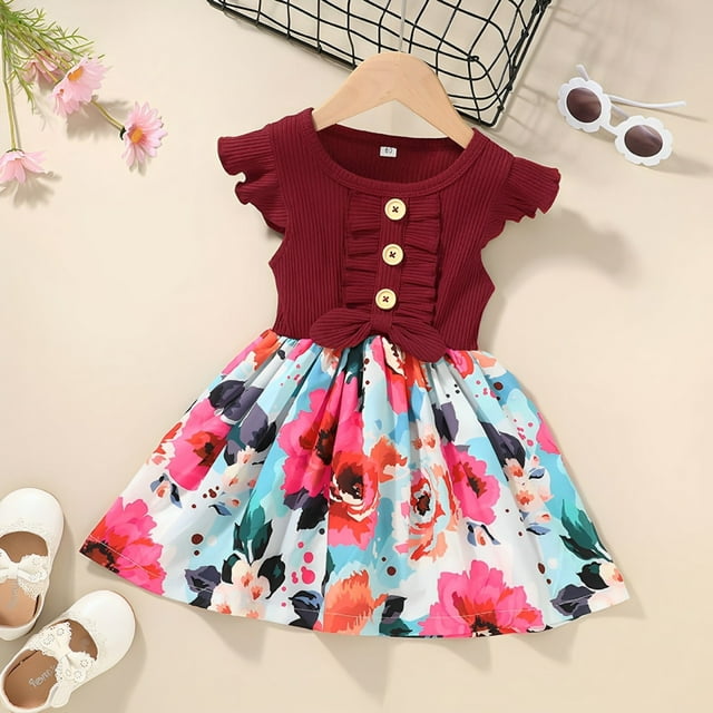 Robes pour Fillettes Manches à Volants Robe Évasée d'Été pour Filles Robe Florale pour Filles Robe d'Anniversaire pour Tout-Petits