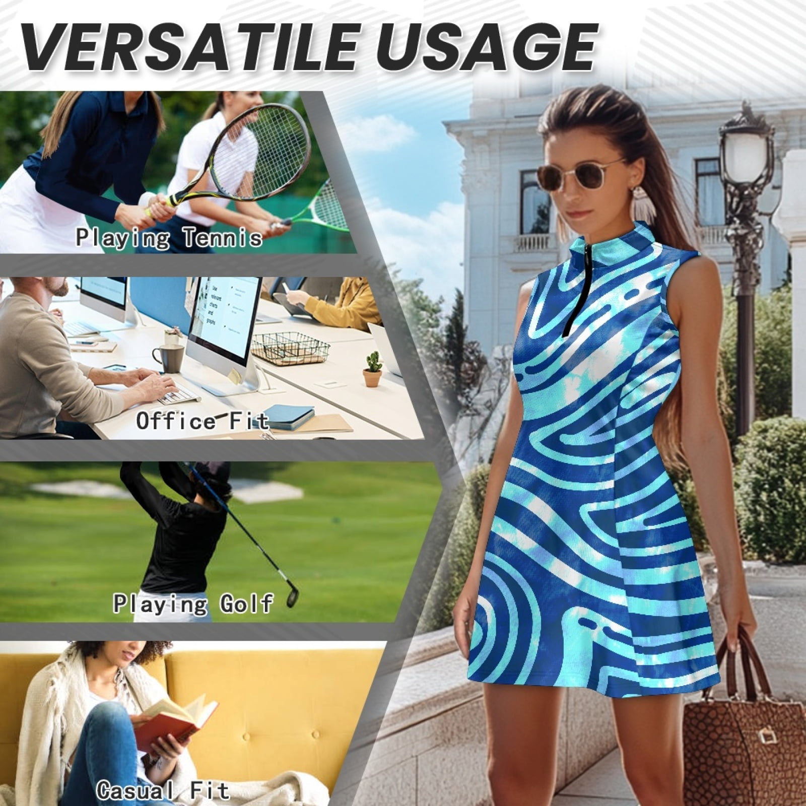 COEQINE Blue Stripes Print Women's Golf Dress with Built in Shorts Sleeveless Quick Dry Exercise Dresses with Pockets and 2 Piece Set V-Neck Washable Pickleball Outfits, L