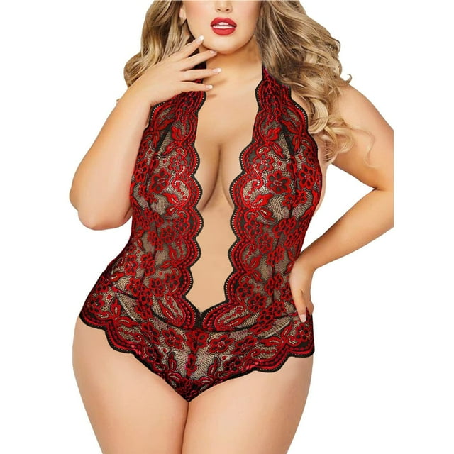Gibobby Lencería sexy de mujer tanga Conjunto de lencería de talla grande para mujer Conjunto de ropa interior de encaje de 2 piezas con sexy y sujetador de tiras(Rojo XL)