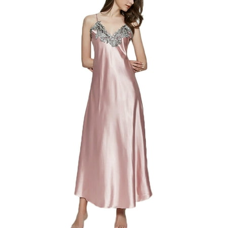 

Fullvigor Women Satin Silk Sleeveless V Neck Pajama Long Nightdress