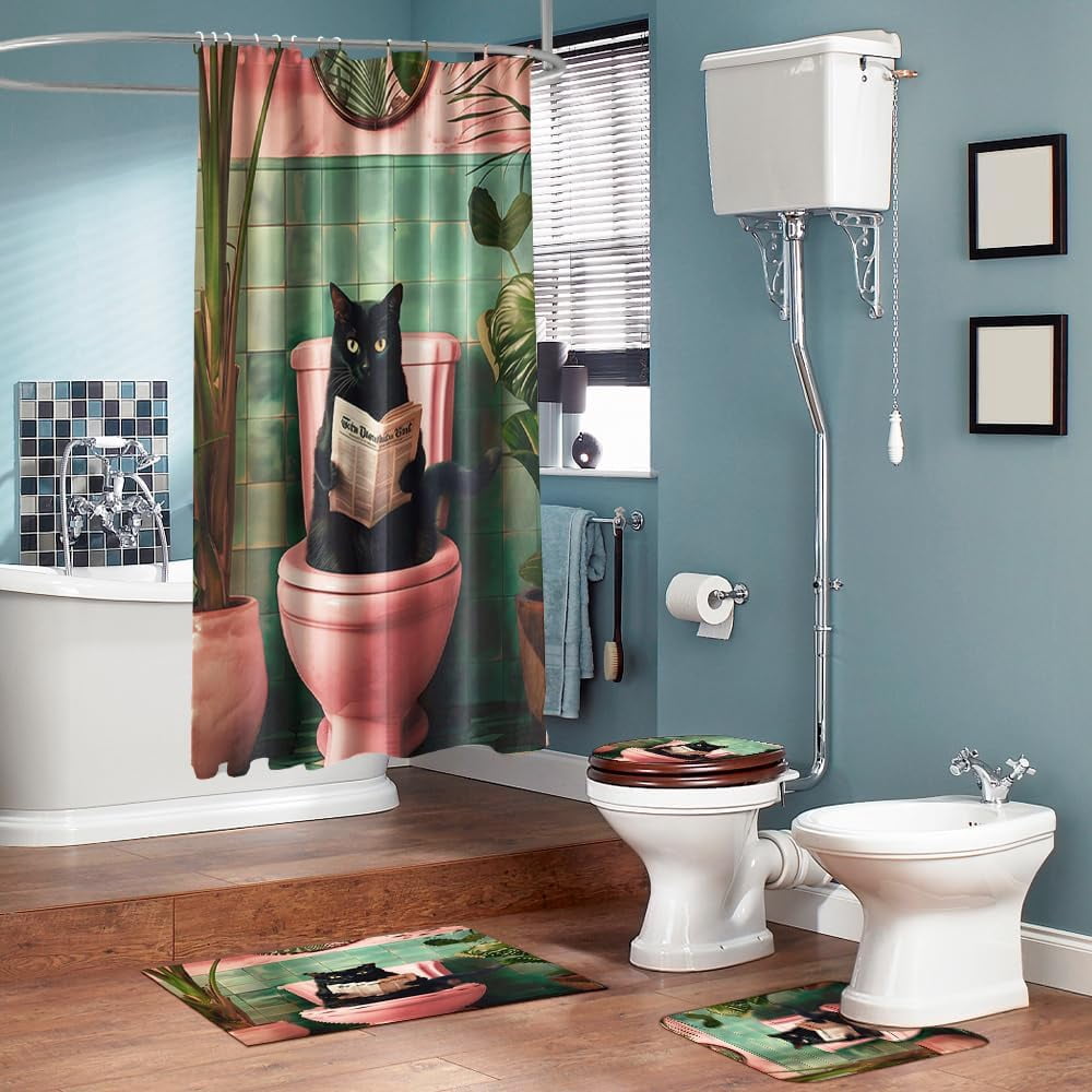 4PCS Vintage Bigfoot Sasquatch Shower Curtain Sets,Funny Animal Bathroom Sets with Non-Slip Rugs,Toilet Lid Cover,Bath Mat,Shower Curtain with 12 Hooks Farmhouse Bathroom Sets Decor