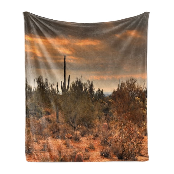 Saguaro Soft Flannel Fleece Blanket, Dramatic Shady Desert View with a Storm Cloud Approaching Western Arizona Photo, Cozy Plush for Indoor and Outdoor Use, 50" x 60", Orange Green, by Ambesonne