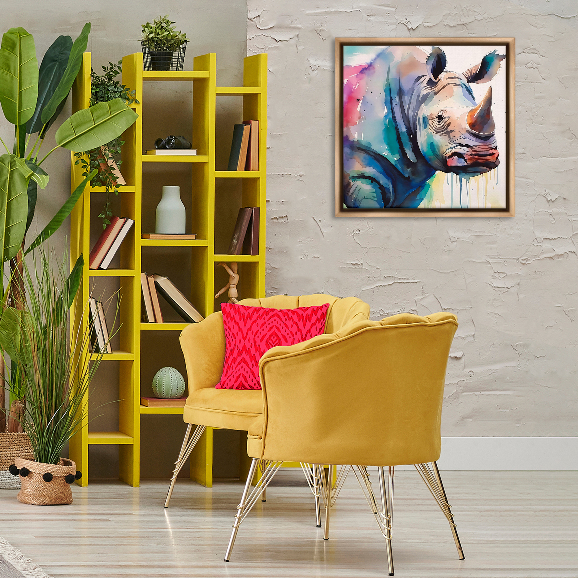Stupell Industries Paint Drip Rhinoceros Animals & Insects Painting Brown Floater Framed Canvas Art Print Wall Art, 25 x 25