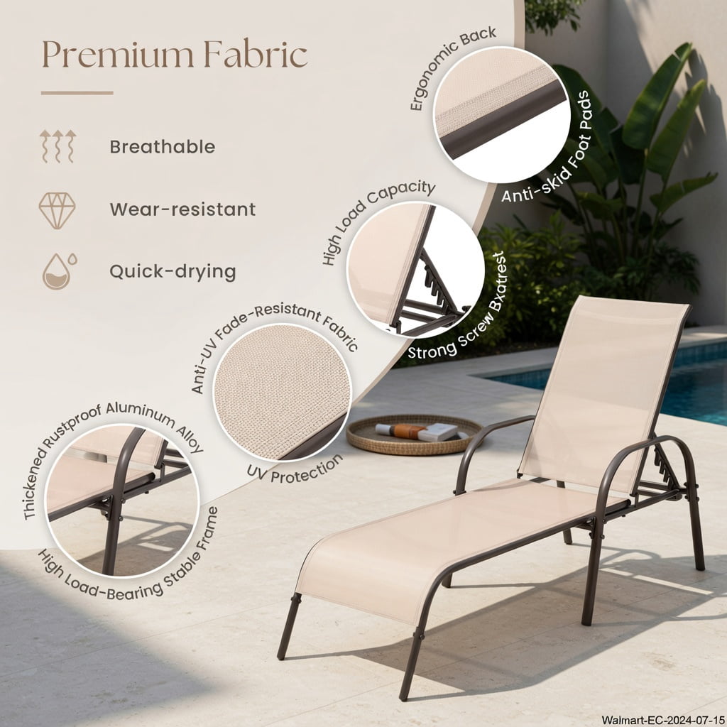 Hommoo Adjustable Folding Patio Chaise Lounge Chair, 5-Position Reclining Backrest, Weather-Resistant Fabric & Powder-Coated Steel Frame, Brown