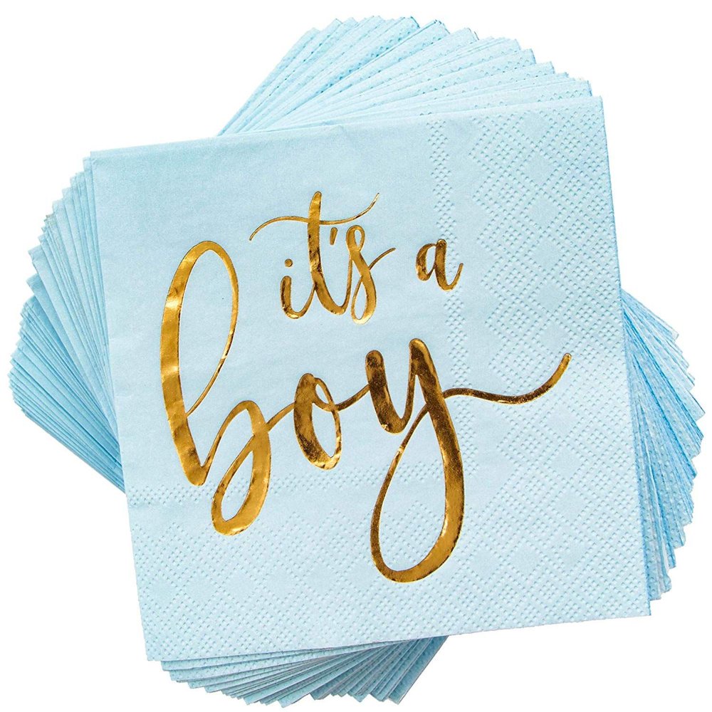 50 Pack It’s a Boy Baby Shower Cocktail Napkins with Gold Foil, 5 x 5 inches, 3-Ply Light Blue ...