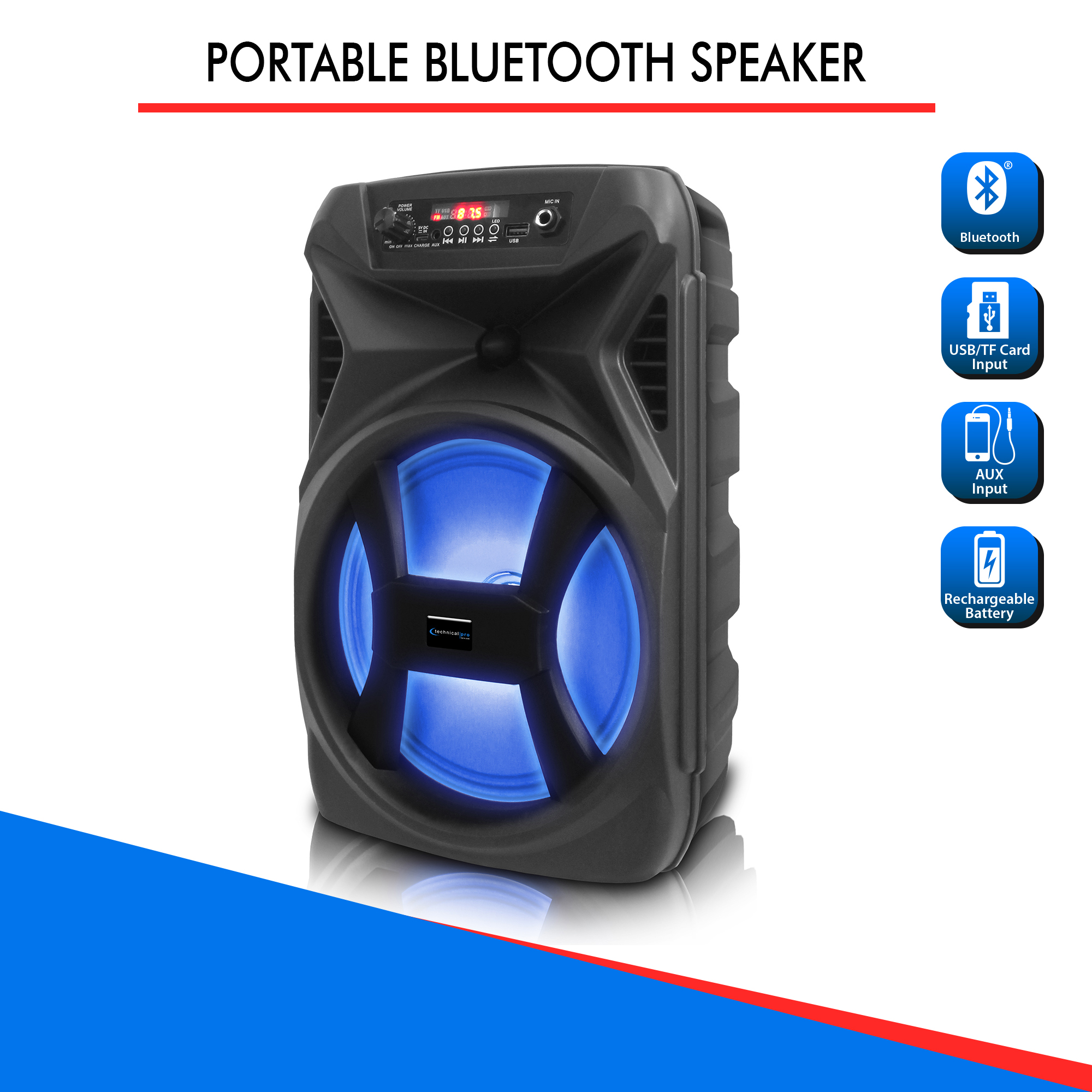 Technical Pro 8" Portable 500 Watts Bluetooth Speaker w/ Woofer and Tweeter, Festival PA LED Speaker, USB Card Input, - image 4 of 7