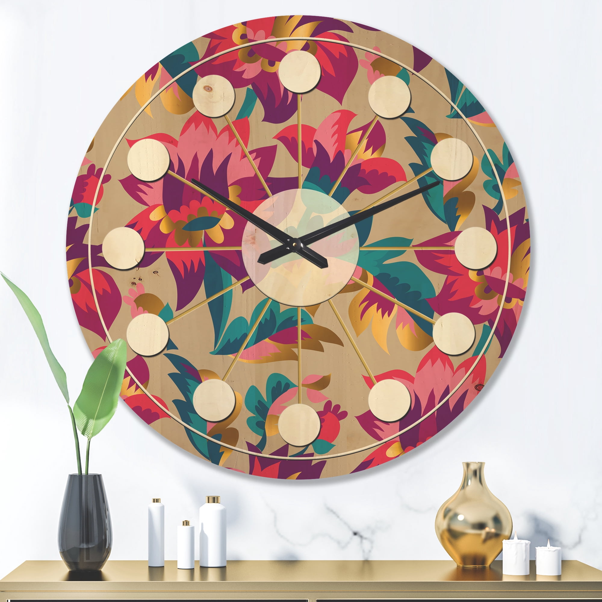 Designart 'Elegant blossom Retro pattern' Mid-Century Modern Wood Wall Clock