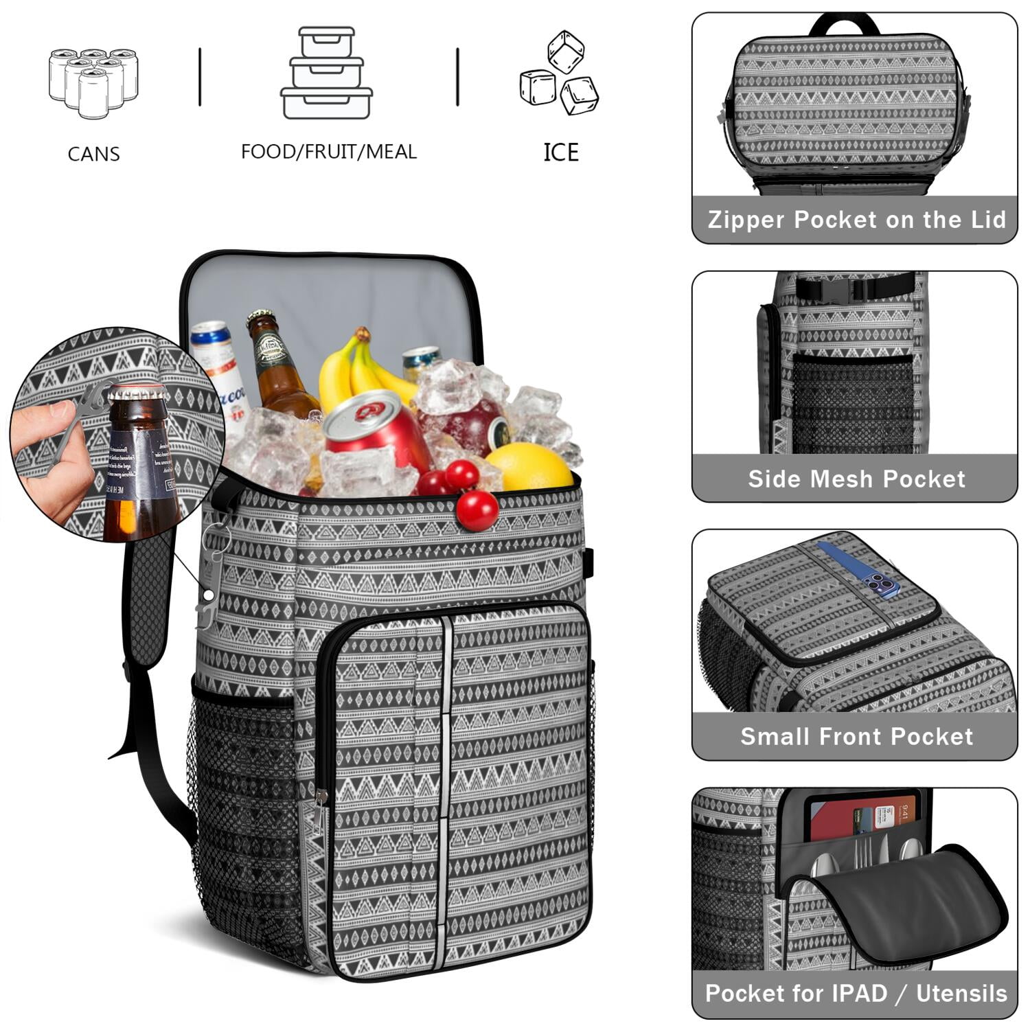 Travel Cooler Bag - Boho Bohemia Pioneer Flower Geometric Line Art Camping Beer Cooler Backpack with Bottle Opener- Waterproof Insulated Picnic Backpacks - Cooler Bag for Beach