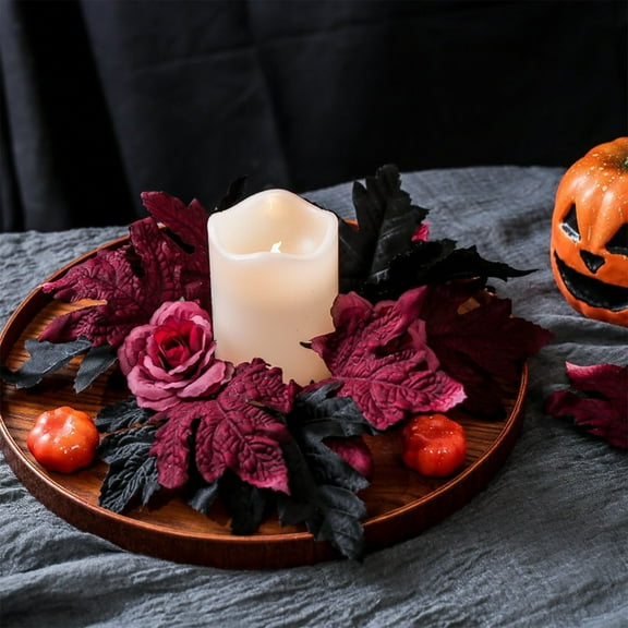 Halloween Black Purple Candle Rings,Gothic Candle Rings, Wreath for Pillar Candle Holder,Rose Maple Leaf Small Wreaths for Fall Thanksgiving Home Table Centerpieces,Door