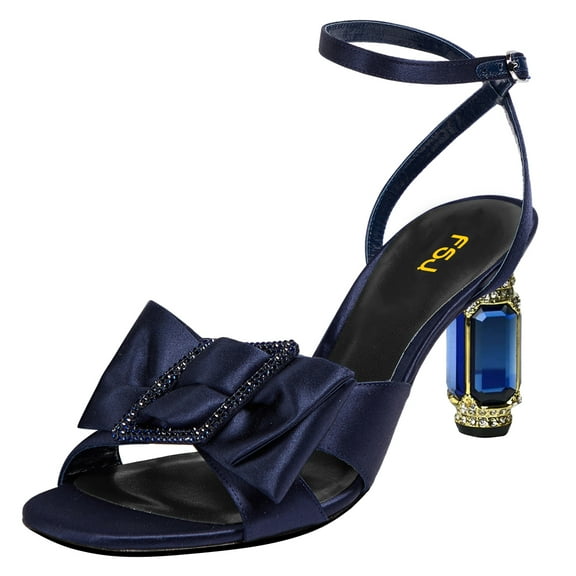 FSJ Women Open Toe Crystal Chunky High Heel Bow Sandals Adjustable Buckle Ankle Strap Satin Pumps Evening Party Dance Wedding Shoes Size 8 Blue