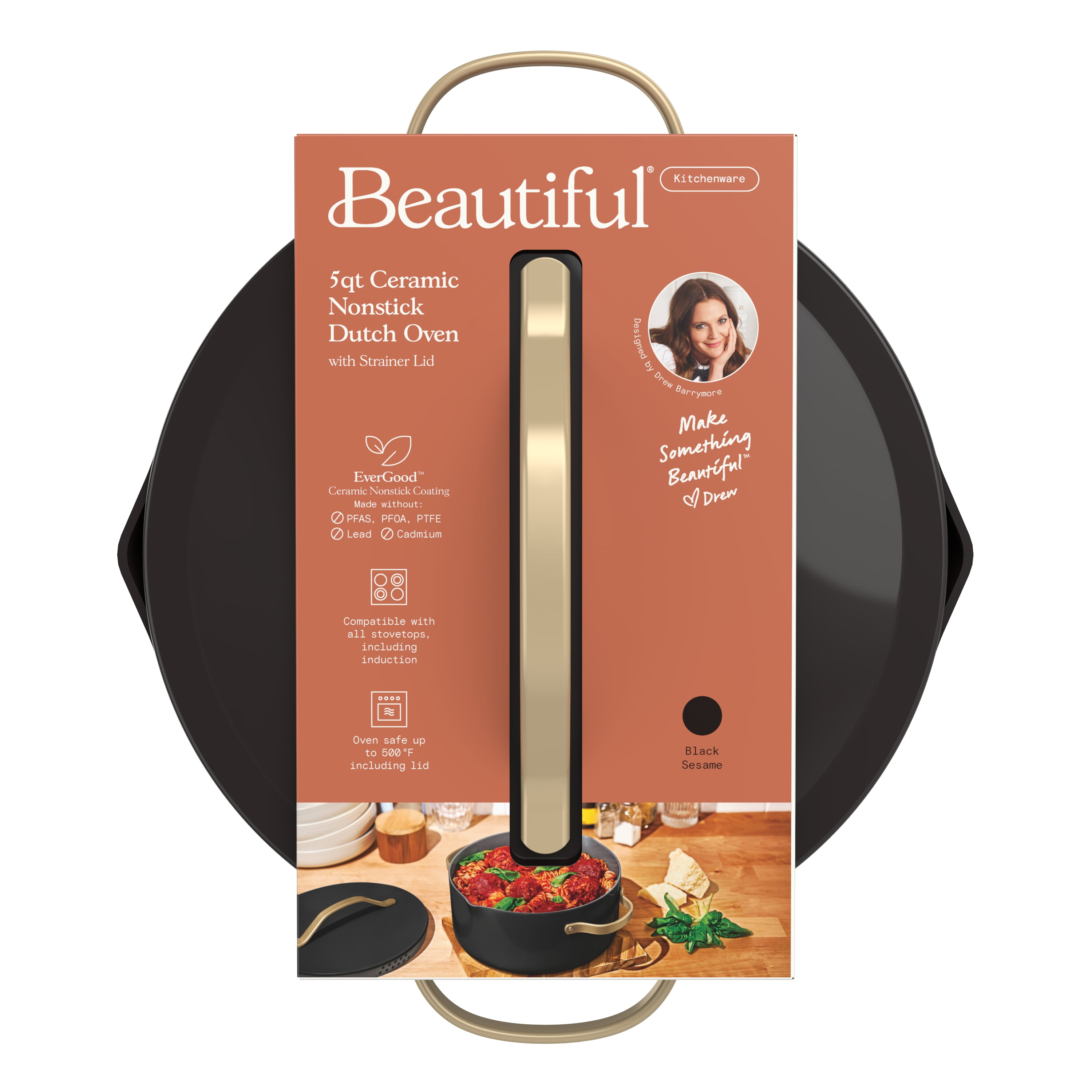 Beautiful 5 Quart Dutch Oven with Strainer Lid and EverGood Ceramic Nonstick Coating, Black Sesame by Drew Barrymore