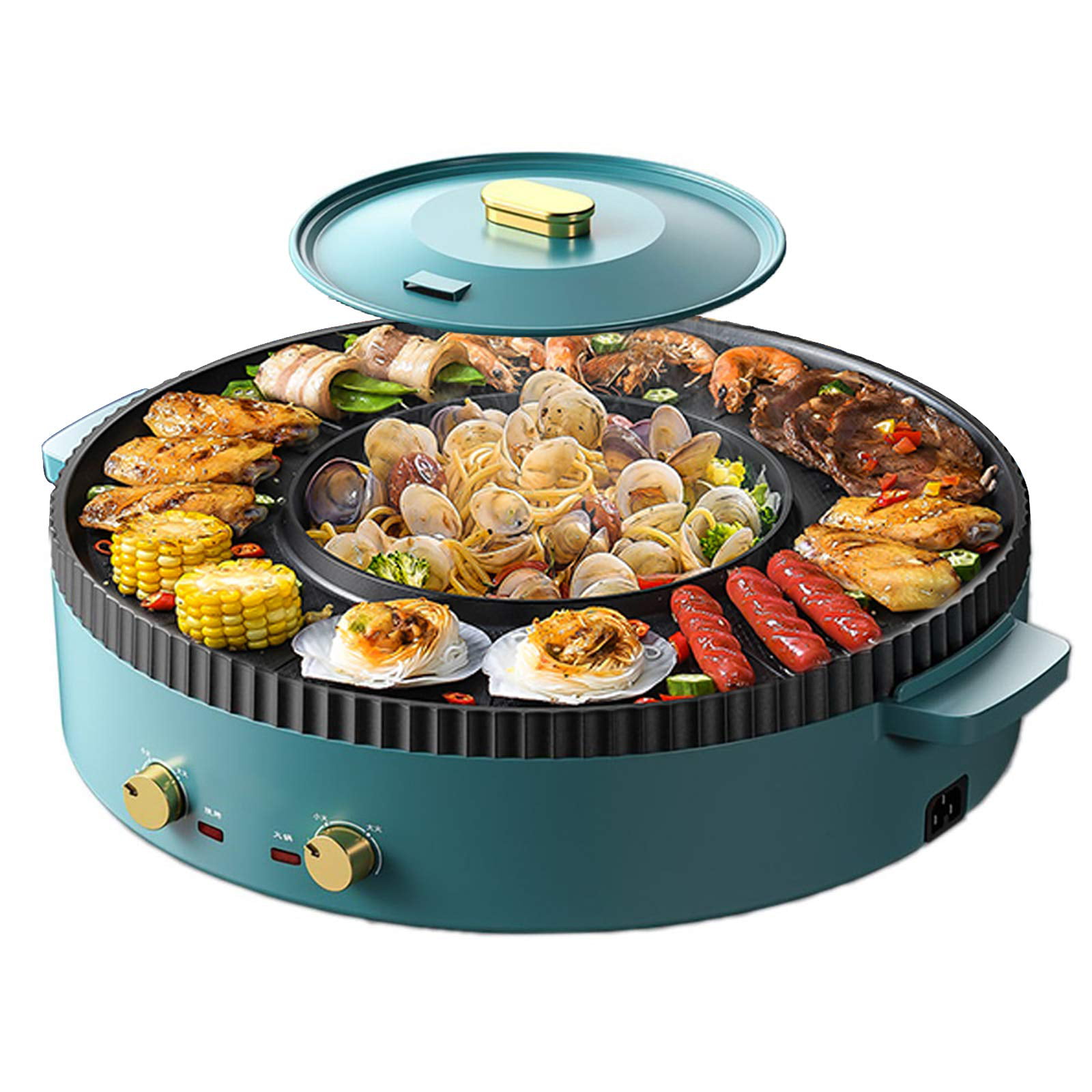 TFCFL Electric Hot Pot BBQ 2 in 1 2200 W Double Separation Korean Barbecue  Grill Household Hot Pot 44 cm Baking Mould Grill Pan Ceramic Coating