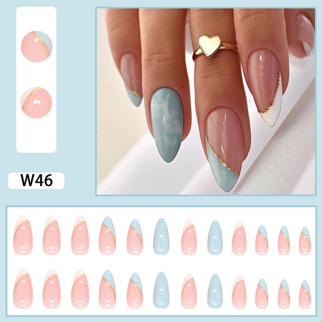 YKHMYB 24 Piezas Por Caja De Leche Blanca Novia Uñas Postizas Francesas Cielo Azul Viñeta simple Almendra Armadura Portátil Desmontable Arte Parche set gel Jalea Y Contusión Tira Gao Jiahui unisex