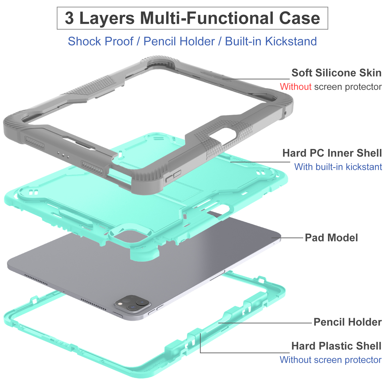 Casetego for iPad Pro 11 Inch Case M4 (2024) 5th Generation with Pencil Holder & Kickstand, Heavy Duty Military Grade Full-Body Shockproof Rugged Protective Cover for iPad Pro 11 Inch M4,Green Gray