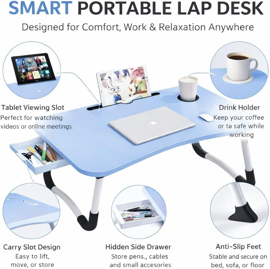 WSA Foldable Lap Desk with Drawer & Cup Holder, 23.6” Portable Laptop Bed Tray Table with Tablet Slot, Non-Slip Laptop Desk for Bed Couch Sofa, Working Writing Eating Breakfast (Blue)